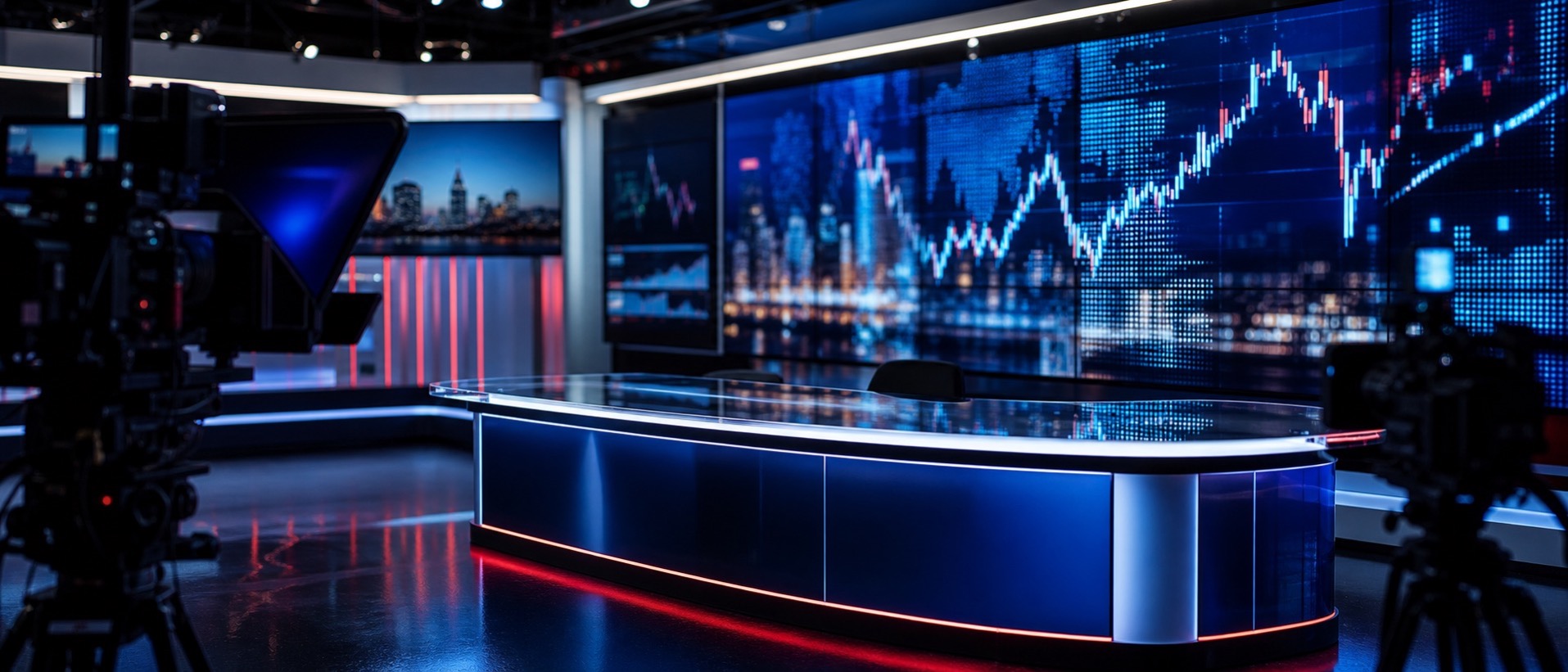 Financial news broadcast studio with live market data tickers and screens
